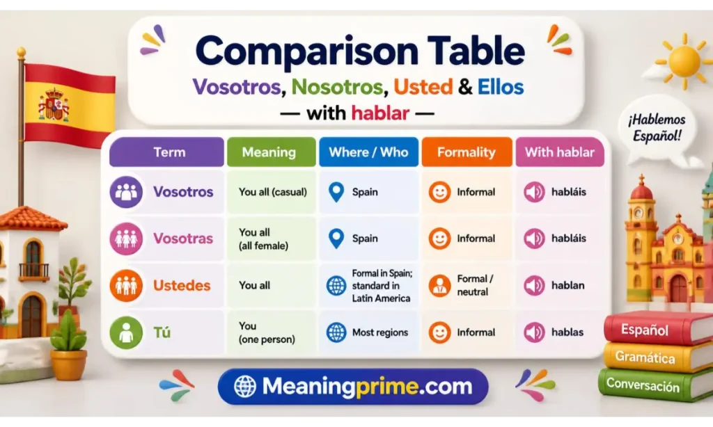 Comparison Table Vosotros, Nosotros, Usted & Ellos