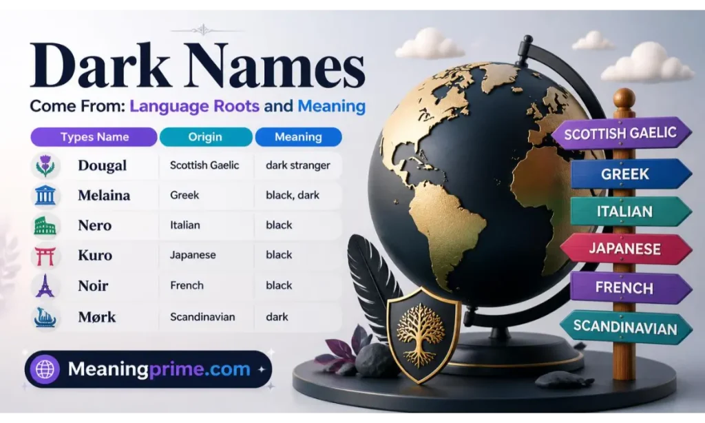 Dark Names Come From Language Roots and Meaning Types